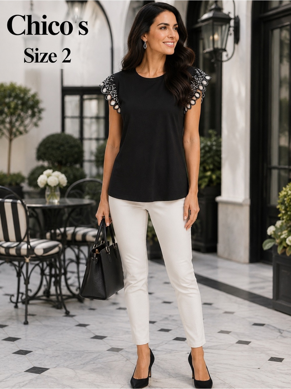 Chico’s Size 2 US L Black Embroidered Eyelet Cutwork Flutter Sleeve Top